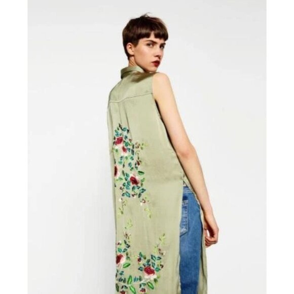 Zara Woman Olive Green Sleeveless Maxi Button-Down Shirt blouse tunic Floral - Picture 13 of 16